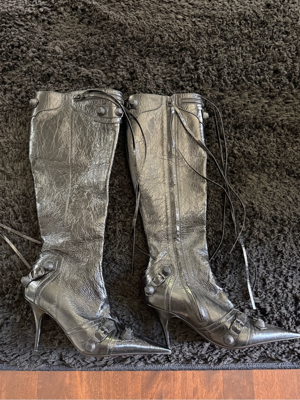 Balenciaga Black Pointed Knee-High Stiletto Boots with Lace Details